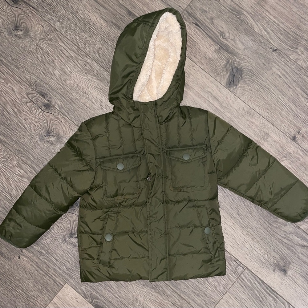 Girls Toddler Army Green Fur Lined Puffer Jacket, size 2T